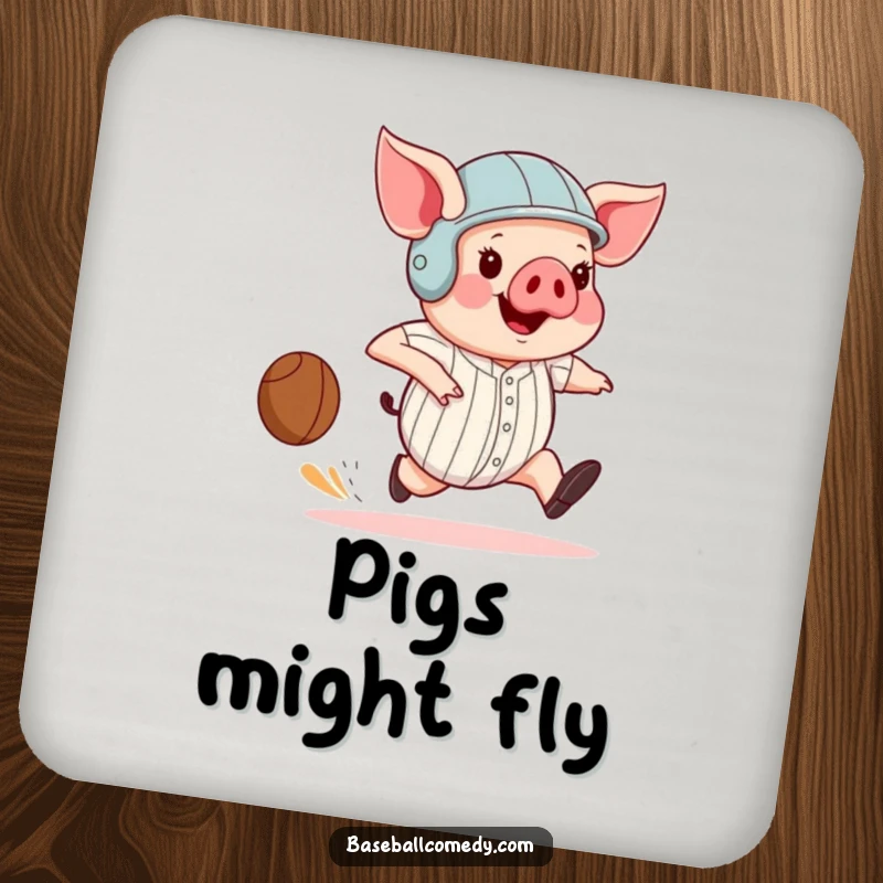 Funny pig wearing a helmet, comically running the bases with huge strides, featured on this humorous drink coaster.