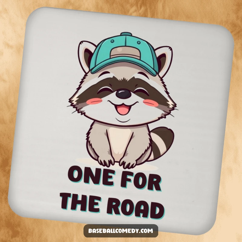 Funny coaster set with a giggling raccoon wearing a baseball cap backwards, grinning, protecting surfaces with humor.