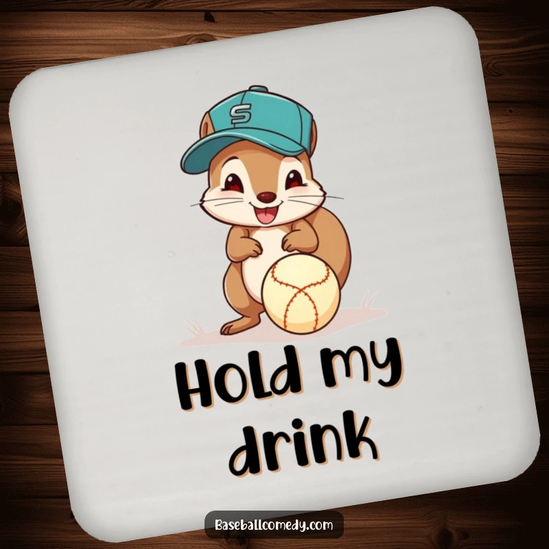Funny squirrel baseball coaster, a squirrel in a cap excitedly fields a ground ball with its paws, adding charm and protection.