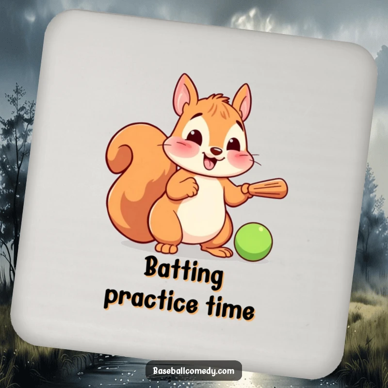 Funny drink coaster featuring a cartoon squirrel in a baseball batting stance, adding a humorous and protective element to tabletops.