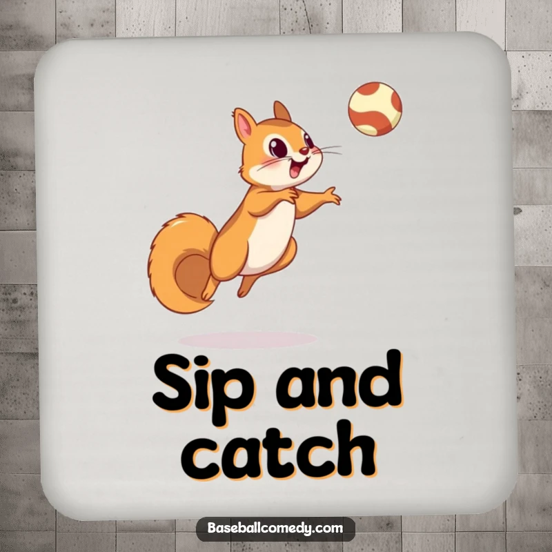 Funny squirrel coaster showing a squirrel leaping to catch a fly ball, protecting surfaces with baseball charm.