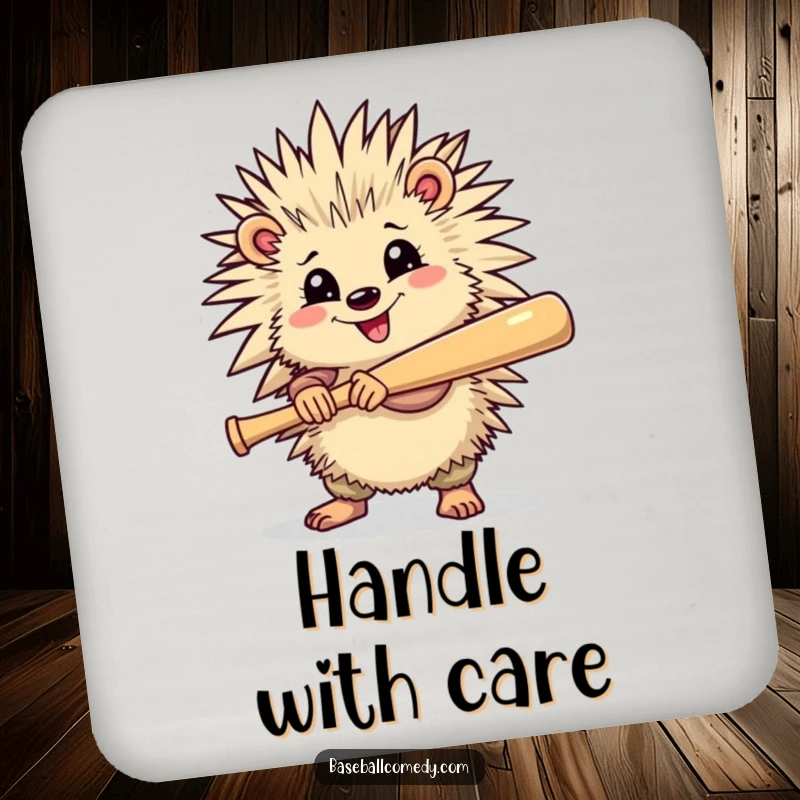 Funny coaster set with a cheerful porcupine holding a baseball bat, ready to swing, protecting surfaces with humor.