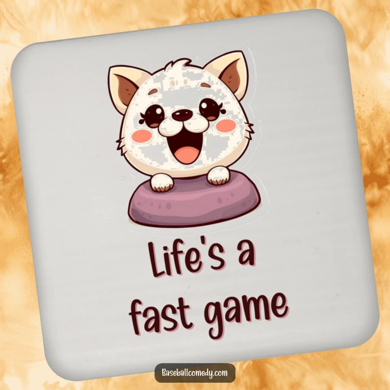 Funny drink coaster depicting a cute animal, eyes wide, in the motion of stealing a base, adding a playful touch.