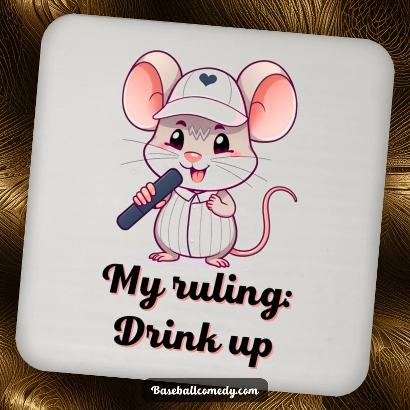 Funny mouse umpire coaster featuring a silly rodent in a tiny umpire cap making a baseball call, protecting surfaces.