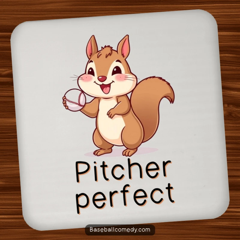 Funny drink coaster showing a cheerful squirrel throwing a baseball, perfect for adding humor to any setting.