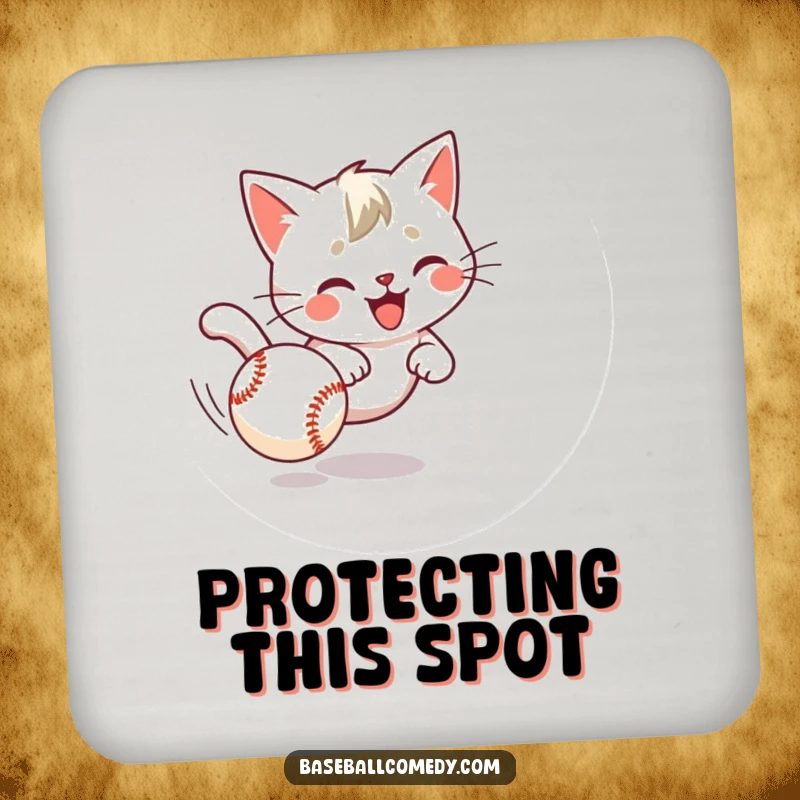 Funny cat coaster featuring a playful kitten comically chasing a baseball, protecting surfaces with humor.