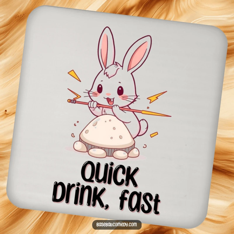 Funny rabbit coaster, playfully stealing a base with lightning speed, protecting surfaces.