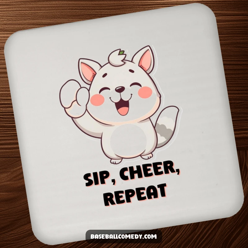 Funny drink coaster showcasing a joyful animal with a raised mitt, adding a festive and celebratory touch to any table.