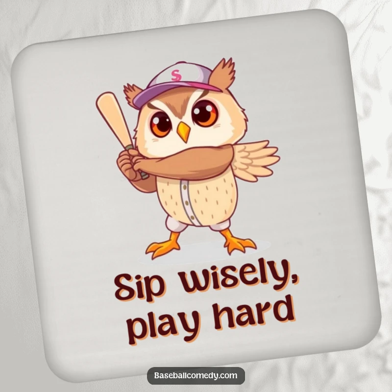 Funny coasters: A cute owl strikes a heroic baseball player pose, a humorous tabletop accessory.
