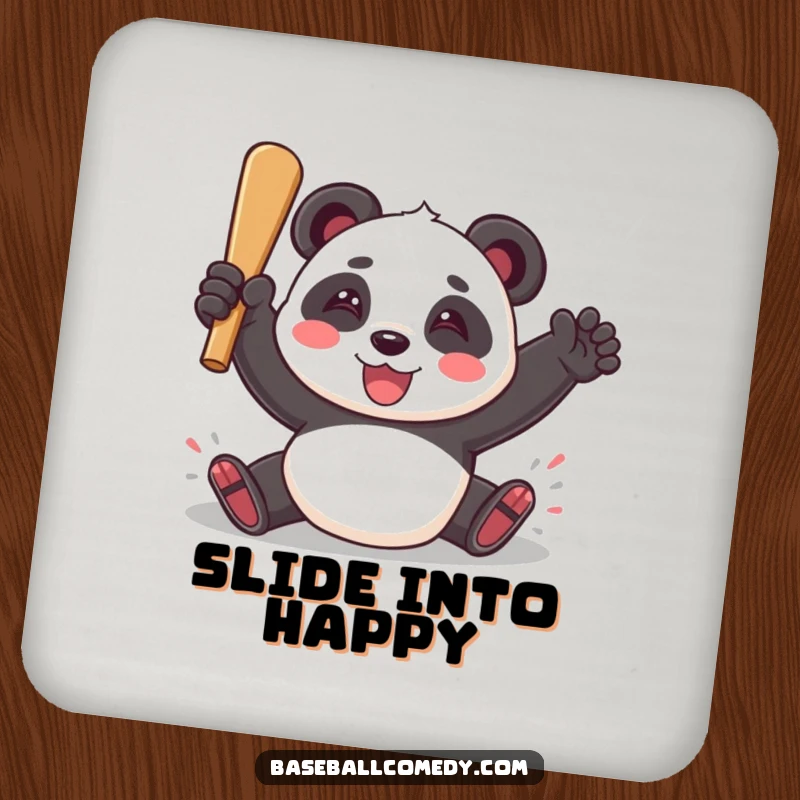 Funny coaster set with a playful panda sliding into home plate with a triumphant smile, protecting surfaces with humor.