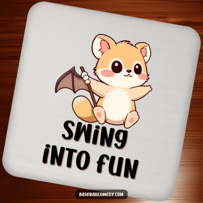 Funny Coaster: Cute animal in a determined baseball swing pose, ready to hit, protecting surfaces with sporty humor.
