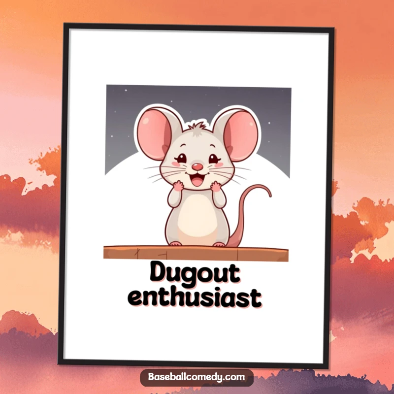 Funny poster of a curious mouse cheering with all its might from a baseball dugout, capturing pure, comical fandom.