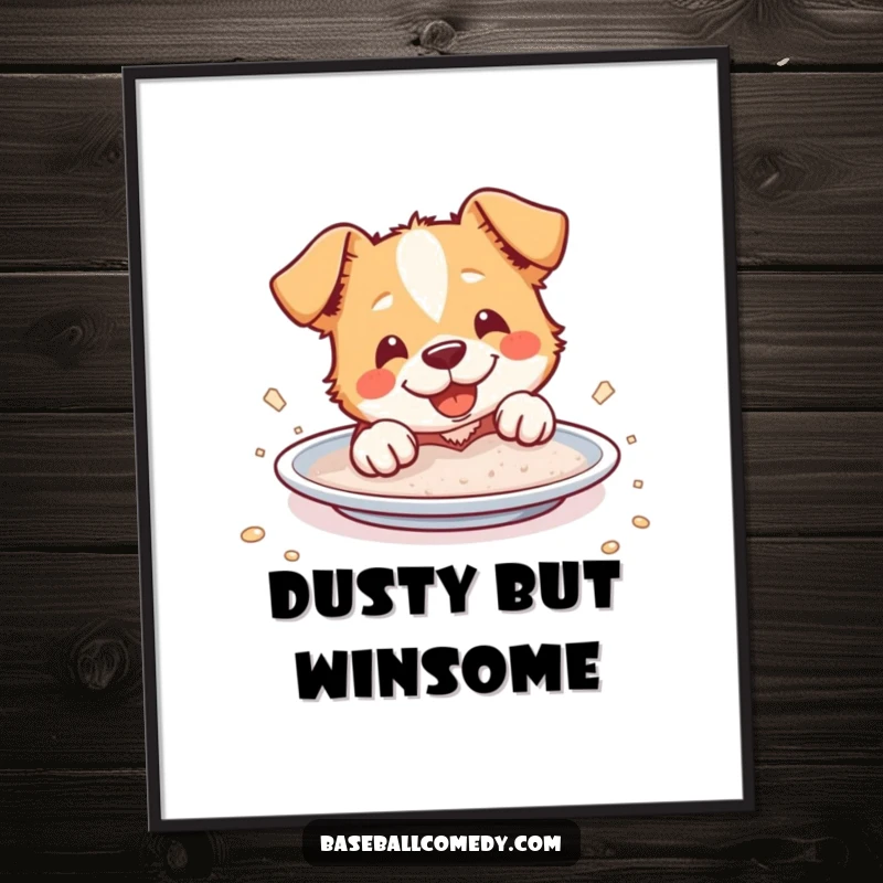 Funny Poster: A cheerful dog slides into home plate, coated in dust, depicting a moment of playful victory.