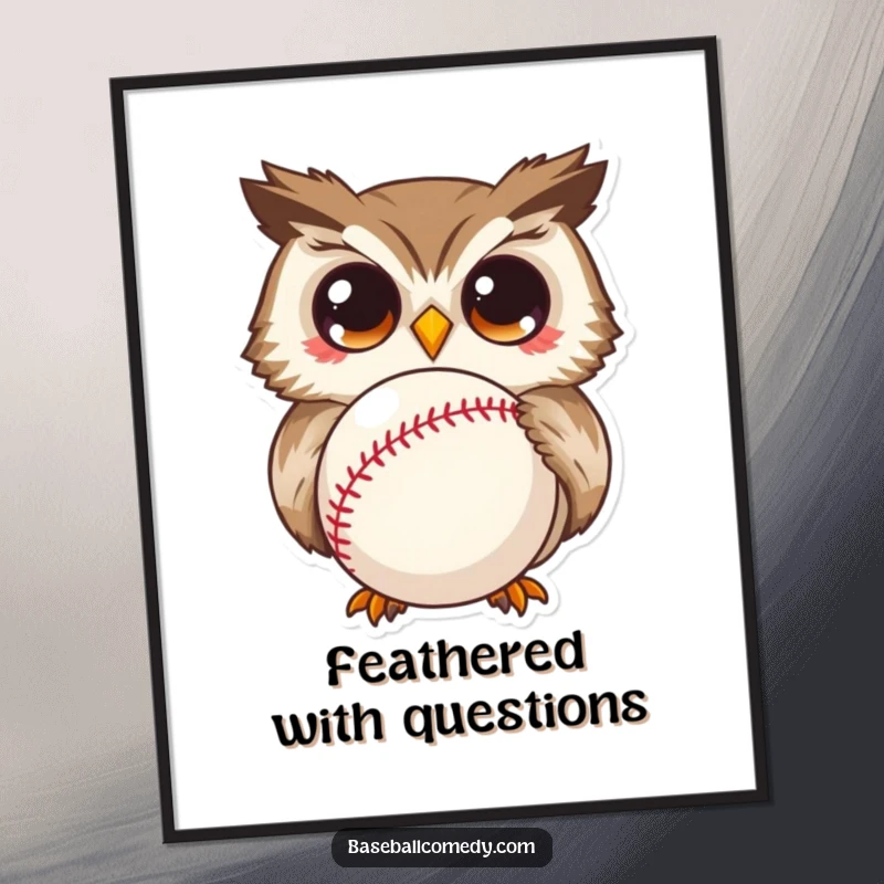 Funny poster showcasing a curious owl with comically wide eyes fixated on a baseball, a humorous piece of art.