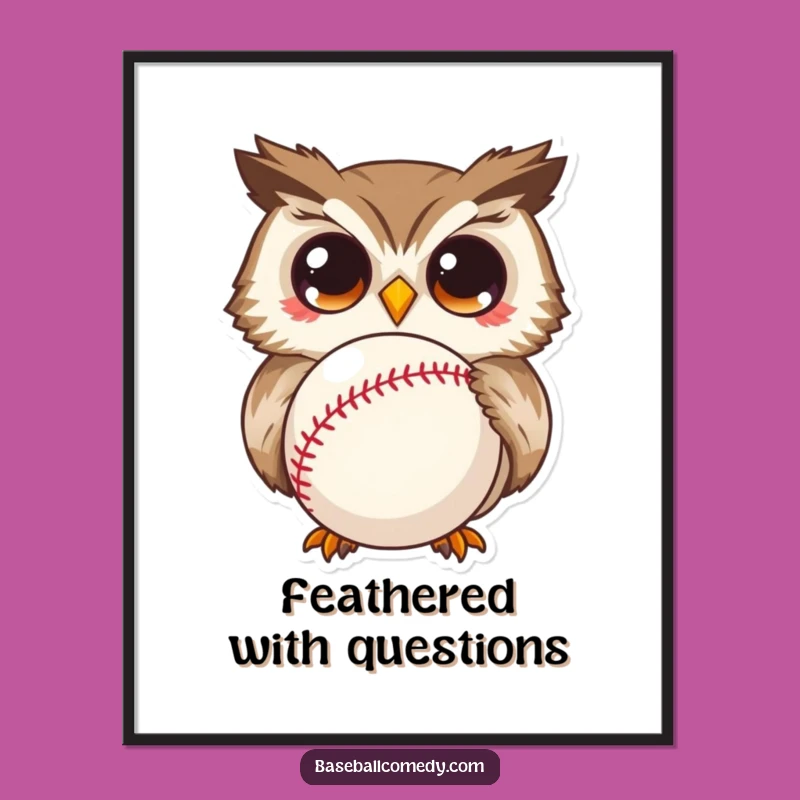 Funny Curious Owl Poster: Wide-Eyed Wonder Art, Whimsical Baseball Decor Gift