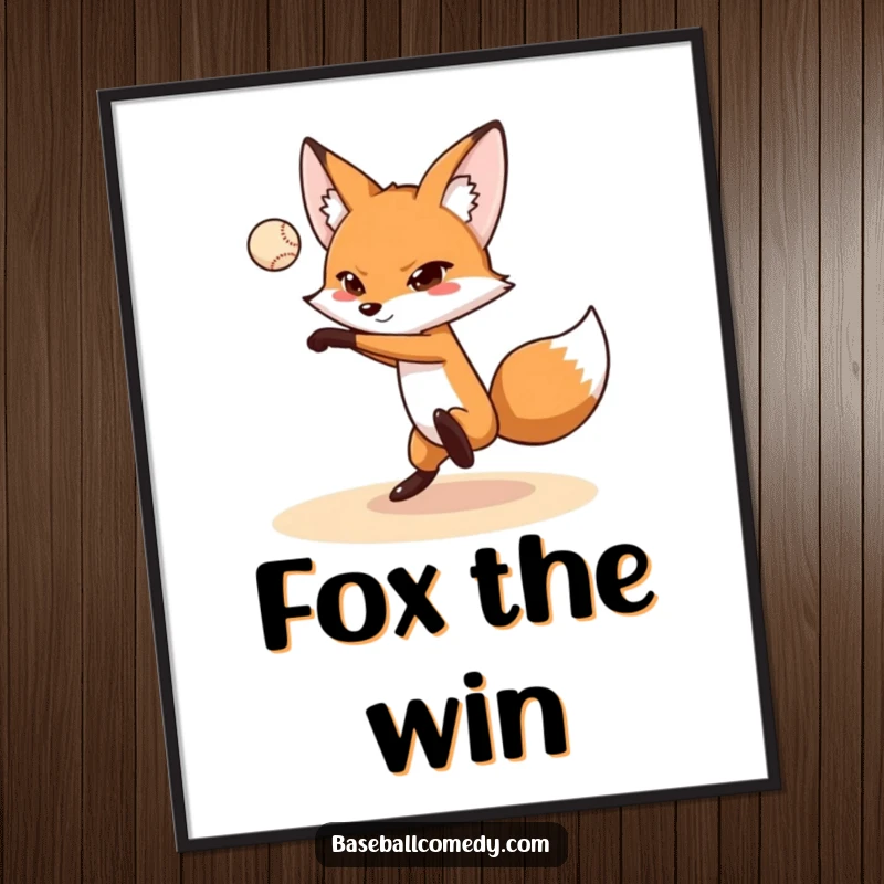 Funny fox poster art of a fox perfectly pitching a baseball, adding intelligent humor and sporty decor to any space.