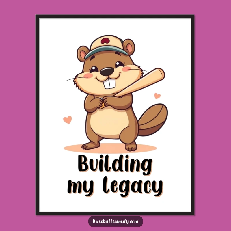 Funny Beaver Home Run Poster: Big Smile Victory Art, Whimsical Baseball Decor Gift