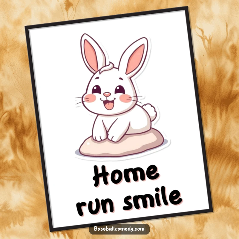 Funny poster of a happy cartoon bunny sliding energetically into home plate with a joyful, wide-eyed grin.