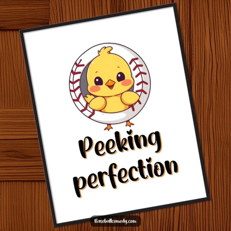 Funny poster art of a curious chick peeking out from behind a baseball, adding whimsical decor to a room.