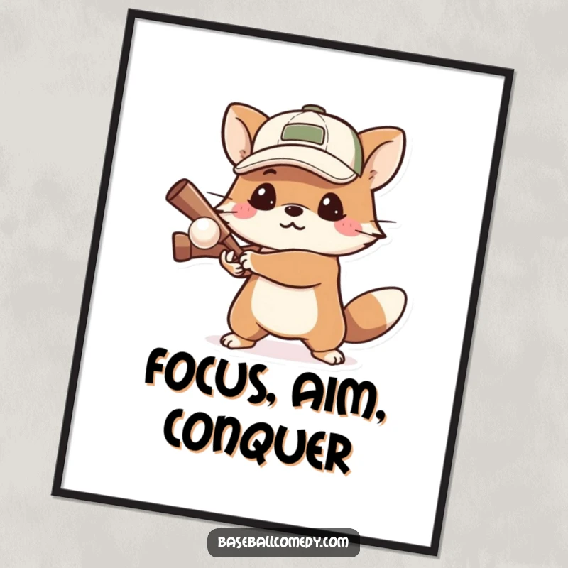 Funny poster art of a determined animal in a cap, intensely focused on batting a small ball, ready for action.