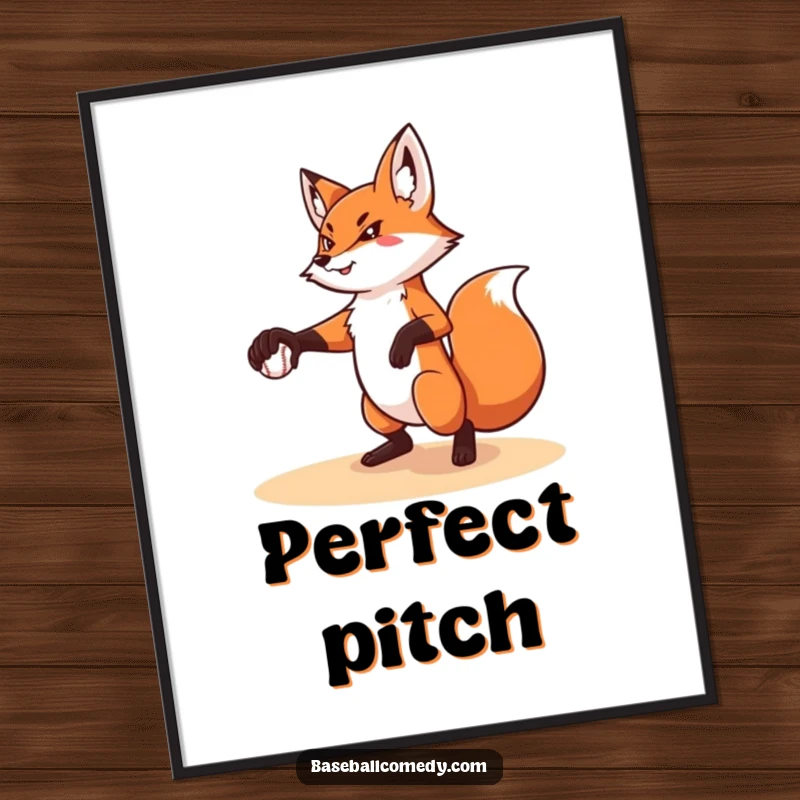 Funny poster print of a determined fox pitching a baseball with perfect form, adding athletic humor to wall decor.