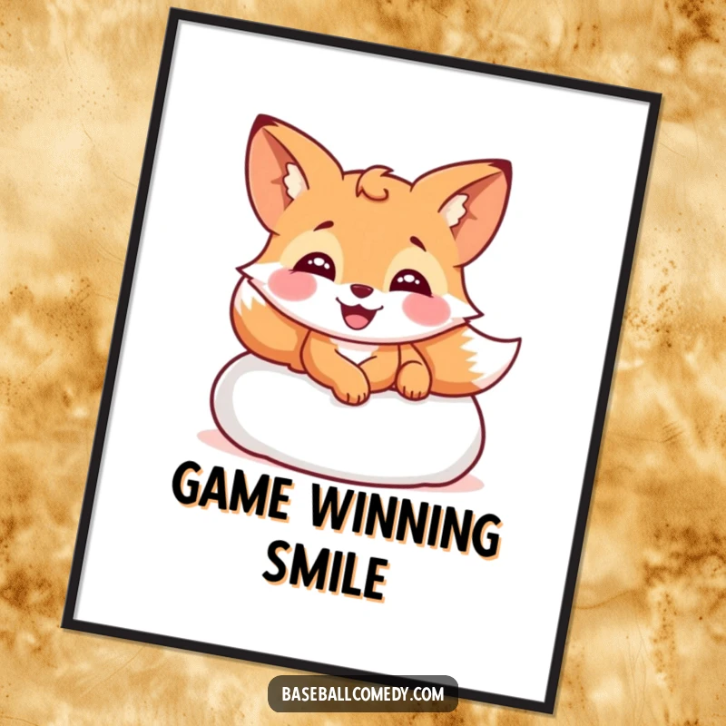 Funny poster showcasing a giggling fox sliding into home plate with a wide smile, ideal for sports-themed humor.