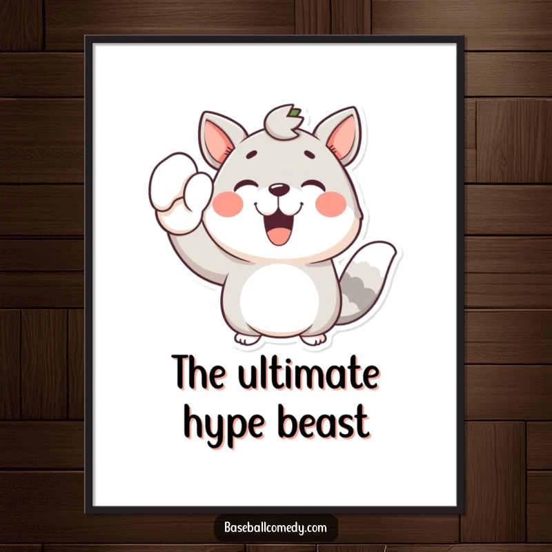 Funny poster artwork of an animal joyfully raising its mitt, celebrating a triumphant moment with infectious energy.