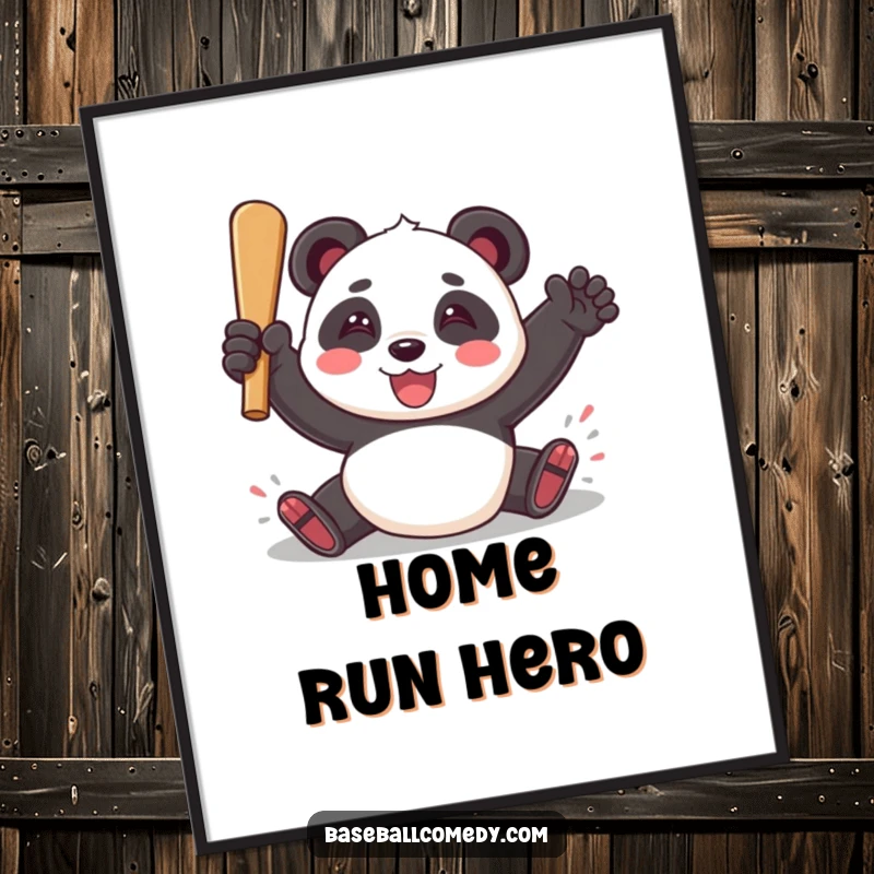 Funny poster print of a playful panda sliding into home plate with a triumphant smile, celebrating a baseball game.