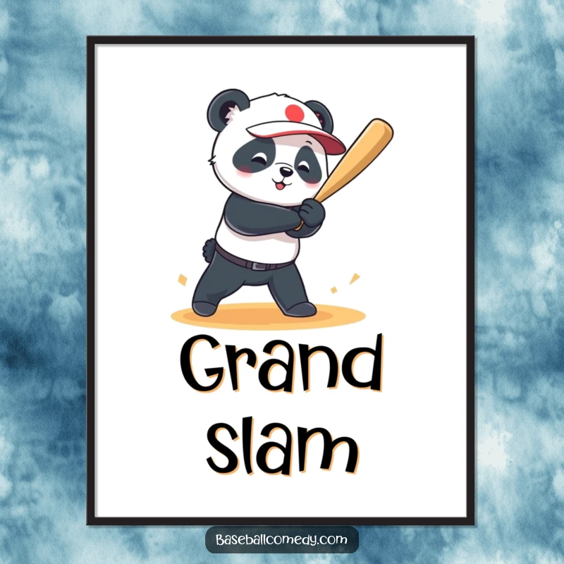 Funny poster print of a playful panda hitting a baseball for a grand slam, adding athletic humor to wall decor.