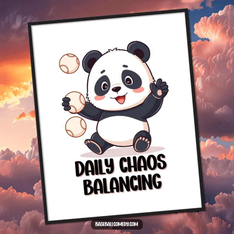 Funny panda desperately trying to juggle baseballs, eyes wide with panic, on a vibrant poster, humorous wall decor.
