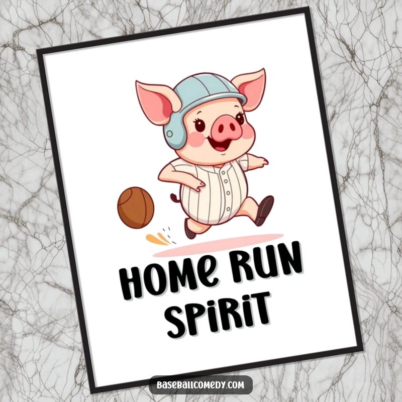 Funny pig wearing a helmet, comically running the bases with enormous strides, captured in a vibrant and humorous poster print.