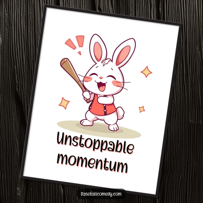Funny rabbit poster illustrating an excited bunny hitting a home run with a loud cheer, capturing sports excitement.
