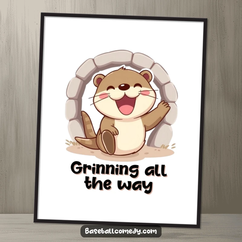 Funny otter poster, excitedly sliding into home base with a wide grin, energetic baseball art.