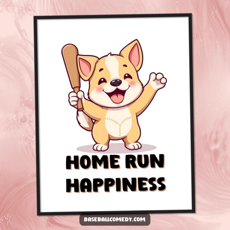 Funny dog poster showing a proud dog with a wagging tail celebrating a home run, ideal baseball wall art.