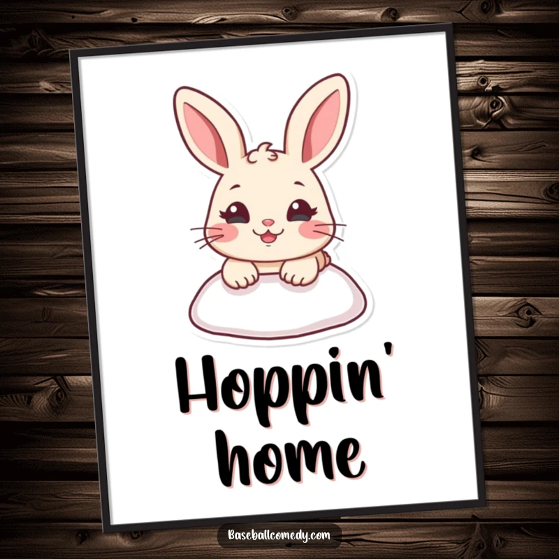 Funny poster print of a cartoon rabbit sliding into a baseball base, capturing a moment of athletic humor and excitement.