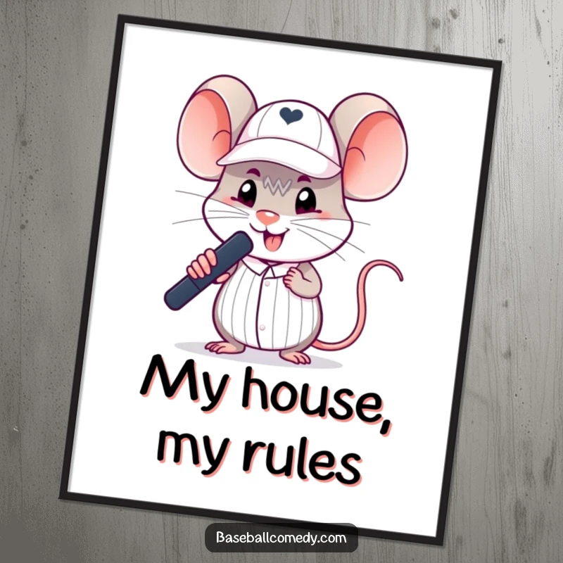 Funny mouse poster showcasing a silly rodent in a tiny umpire cap, making a decisive baseball call with intent.