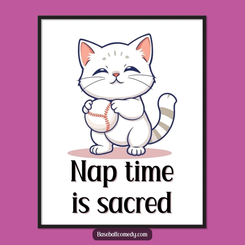 Funny Cat Baseball Poster: Content Feline Art, Whimsical Decor Gift for Cat Fans