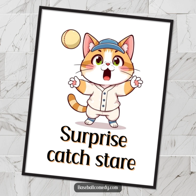Funny cat in a baseball uniform, shocked expression, catching a fly ball, featured as a humorous poster print.