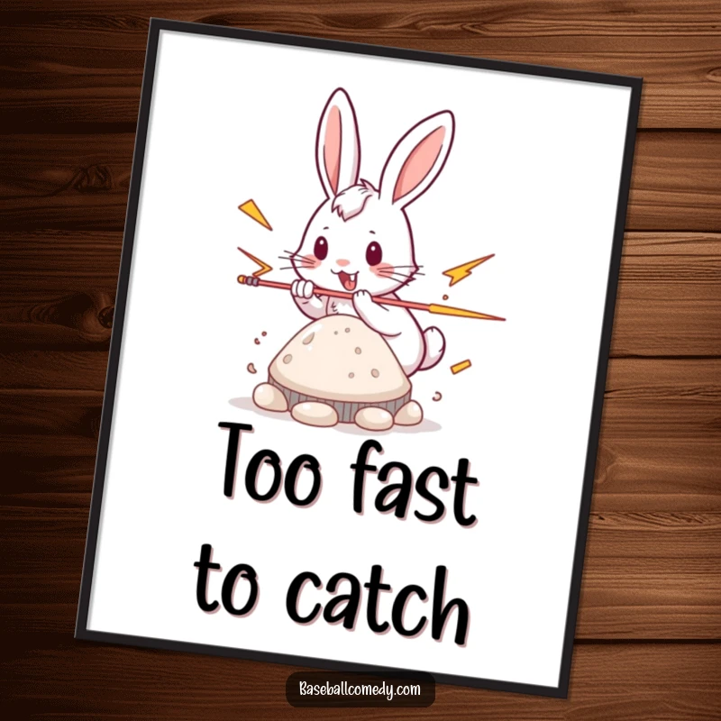 Funny rabbit poster, playfully stealing a base with lightning speed, energetic sports wall art.
