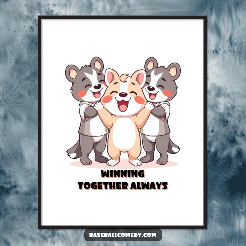 Funny poster art of a happy animal celebrating wildly with teammates, symbolizing camaraderie and triumphant moments.