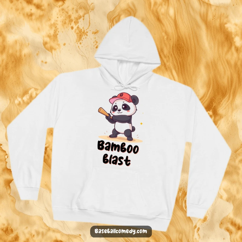 Funny panda hoodie featuring a playful panda hitting a grand slam, offering cozy humor for sports fans and a great funny gift.