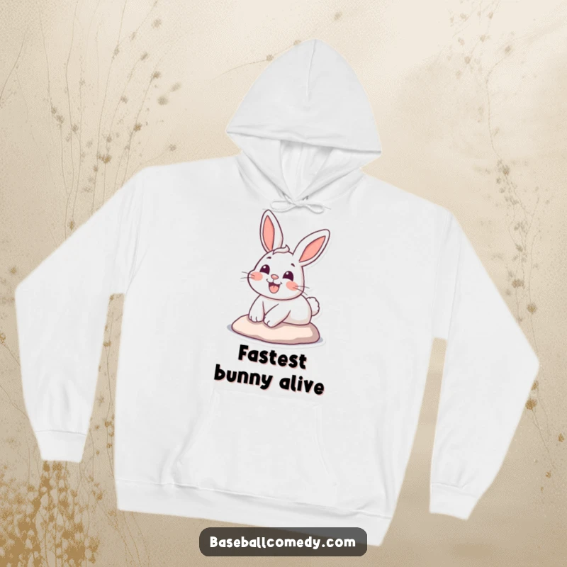 Funny hoodie depicting a cartoon bunny rabbit in mid-slide towards home plate, grinning widely, embodying pure joy and accomplishment.