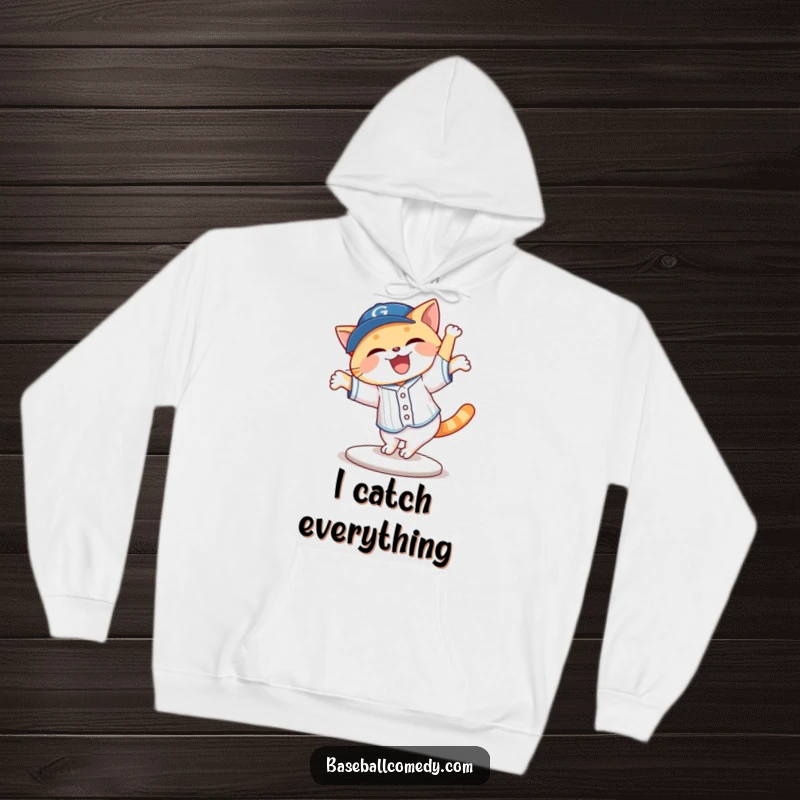 Funny cat in a baseball uniform performing a cartwheel, a joyful expression, on a warm hoodie, perfect gift.