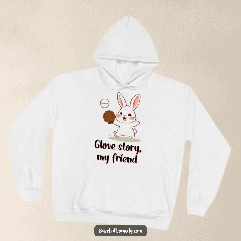Funny hoodie featuring a determined rabbit catching a baseball with skill and focus, ideal for chilly days.