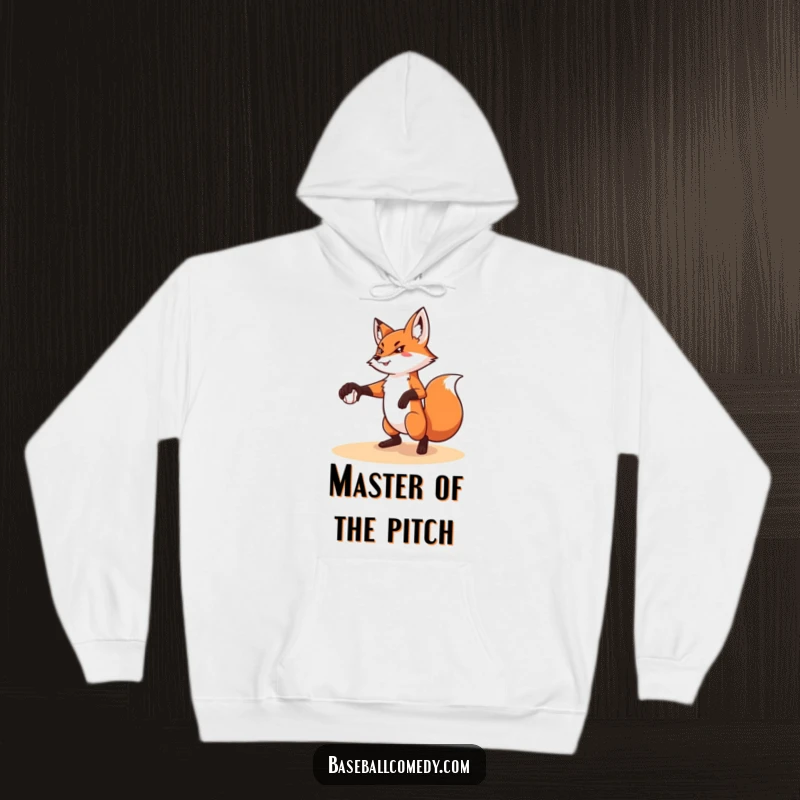Funny hoodie depicting a determined fox pitching a baseball with accuracy, perfect for cozy and humorous wear.