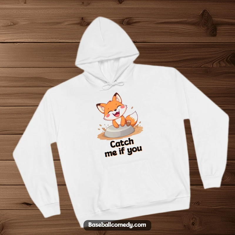 Funny fox sliding hoodie, a happy fox slides into base with dirt flying and a huge grin, embodying playful determination.
