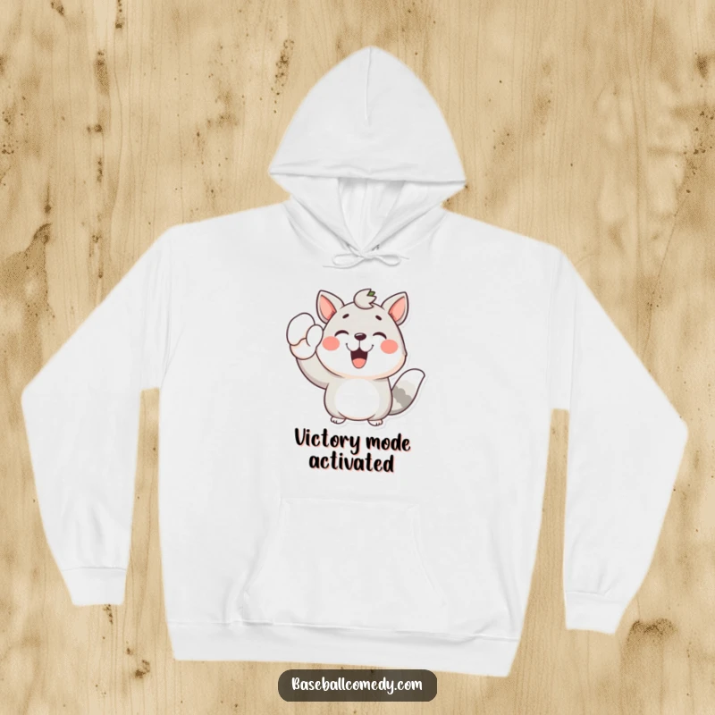Funny hoodie showing a happy animal raising its mitt in a gesture of pure joy and victory, ideal for a baseball fan.