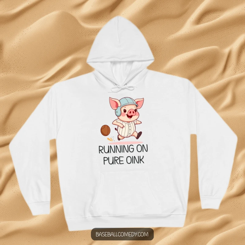 Funny pig in a baseball helmet, comically running bases with large strides, depicted on a warm and cozy hoodie.