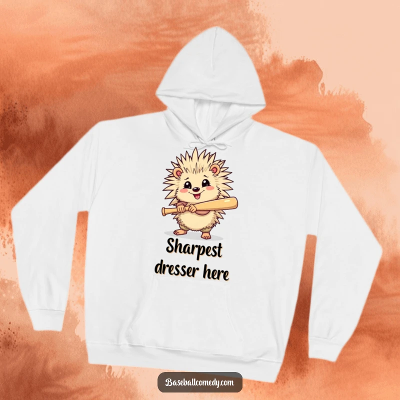 Funny hoodie featuring a cheerful porcupine holding a baseball bat, ready to swing with determination.