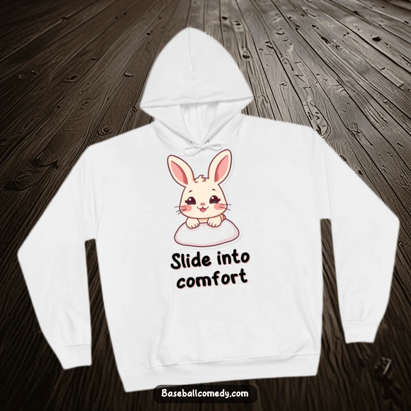 Funny hoodie featuring a cheerful rabbit sliding into a baseball base, perfect for cozy, humorous, and sporty wear.